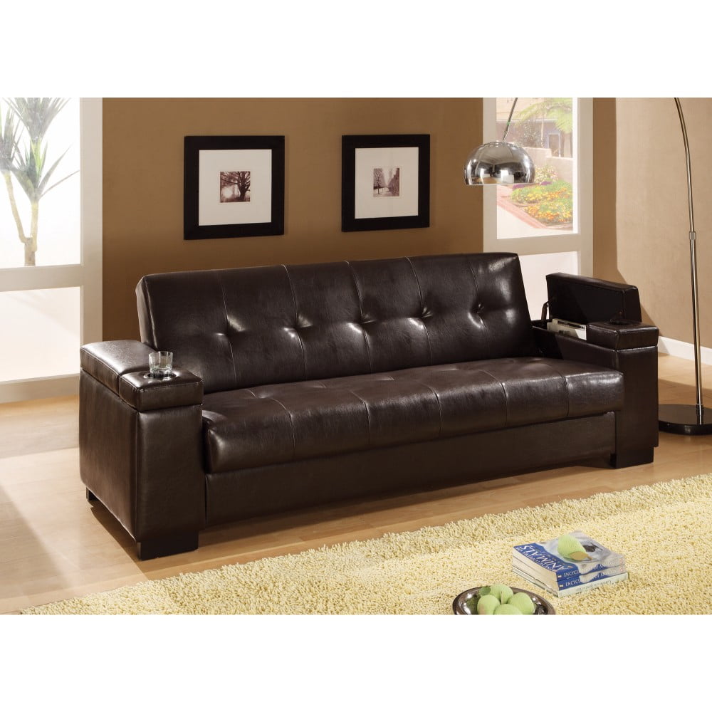 Faux Leather Convertible Sofa Bed with Storage, Brown