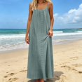 thumbnail image 3 of Summer Dress for Women Casual Sleeveless Backless Pleats Spaghetti Strap Dress Openwork Print Beach Vacation Dress(Army Green,S), 3 of 8