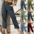thumbnail image 5 of Dvprdro Womens Summer Imitation Cotton Pants Casual Solid Button Elastic High Waist Straight Leg Capri Pants with Pockets, 5 of 5