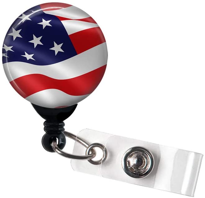 American Flag Wavy Retractable Badge Reel with Alligator Clip and