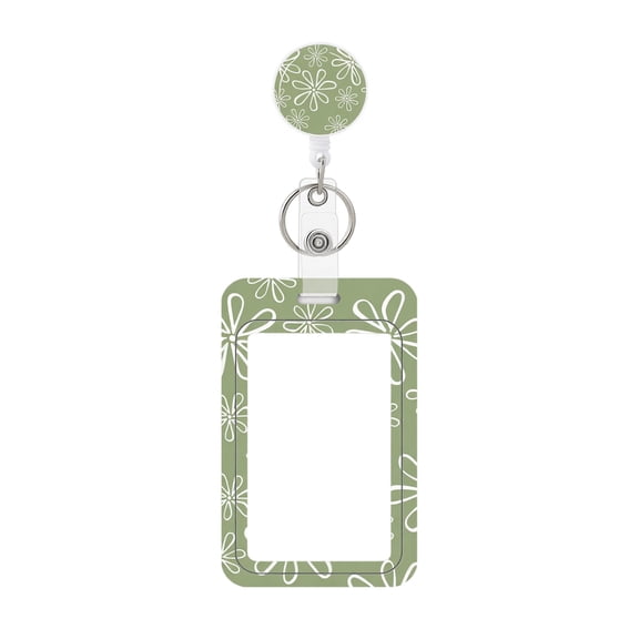 Badge Holder, Green Daisy Pattern Retractable, 1 Pack with Clip and Lanyard Reel, for ID Card Work Badge Bus Pass Driver License School Office Use