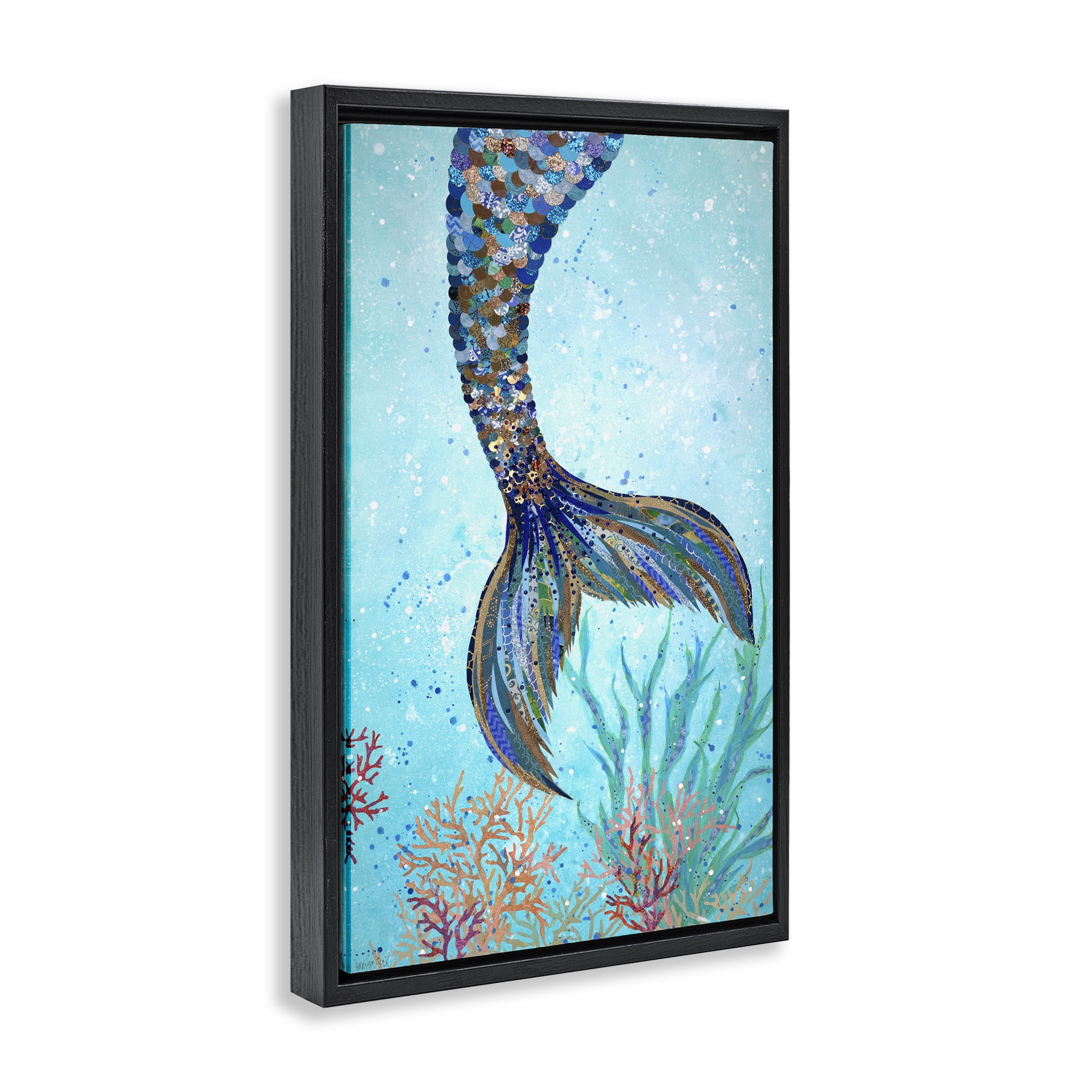 Stupell Industries Tall Tails Mermaid Fairy Tales & Fantasy Painting Black Floater Framed Canvas Art Print Wall Art, 21 x 31