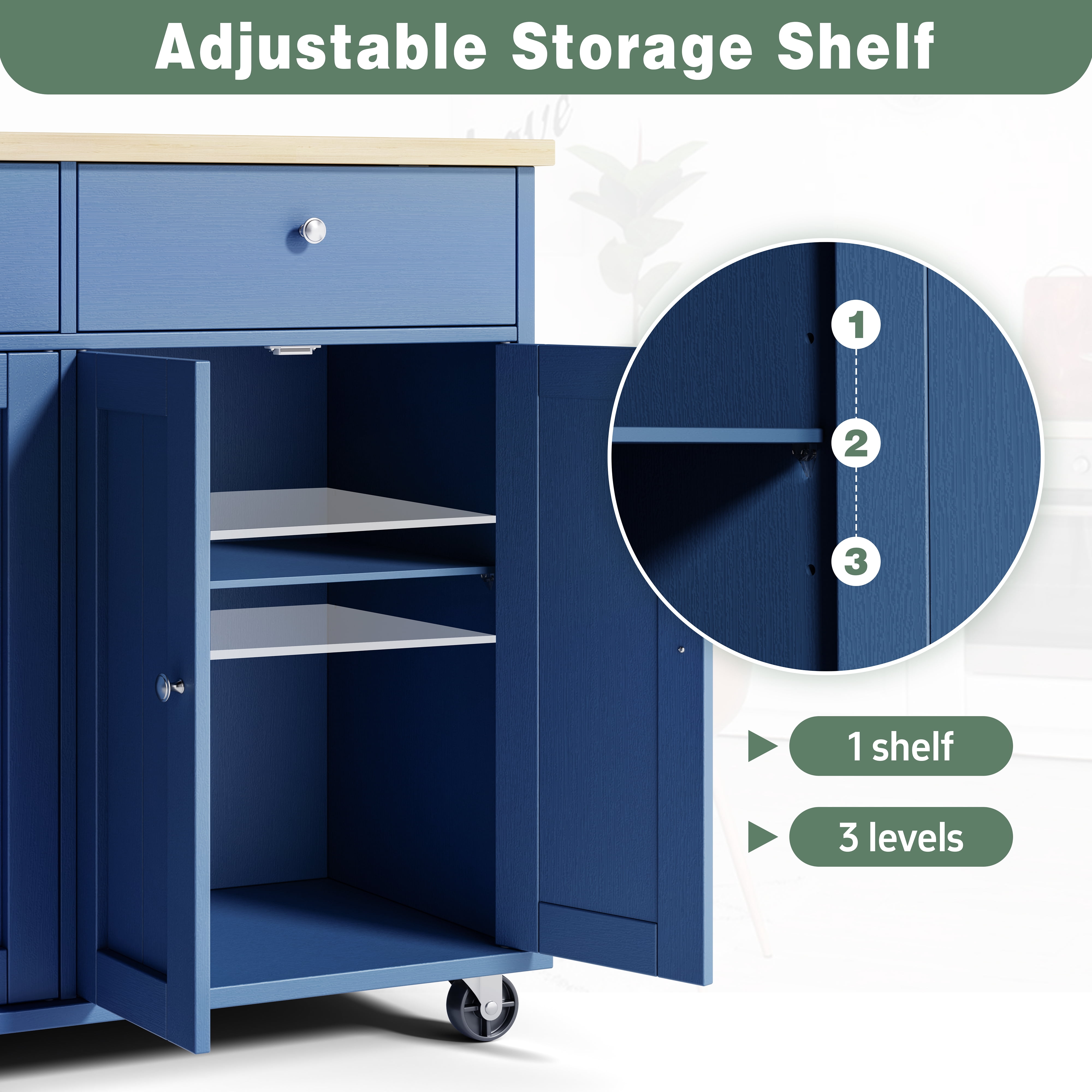 Walsunny Kitchen Islands Carts with Drop Leaf Table 2 Drawers 5 Wheels 4 Magnetic Doors Rolling Storage Cabinet Blue