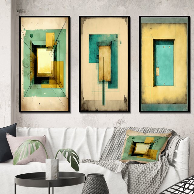 Designart "Faded Retro Illustrations - Intimate Impressions I" Modern Geometric Framed Wall Art Set Of 3 - Beige Abstract Geometric Frame Gallery Set For Office Decor
