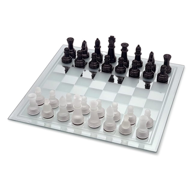 Juego de ajedrez vanguardista de vidrio esmerilado negro con tablero de espejo
