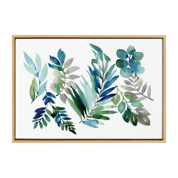 Kate and Laurel Sylvie Tropic Leaves Blue Framed Canvas Wall Art by Sara Berrenson 23x33 Natural Watercolor Floral Home Decor