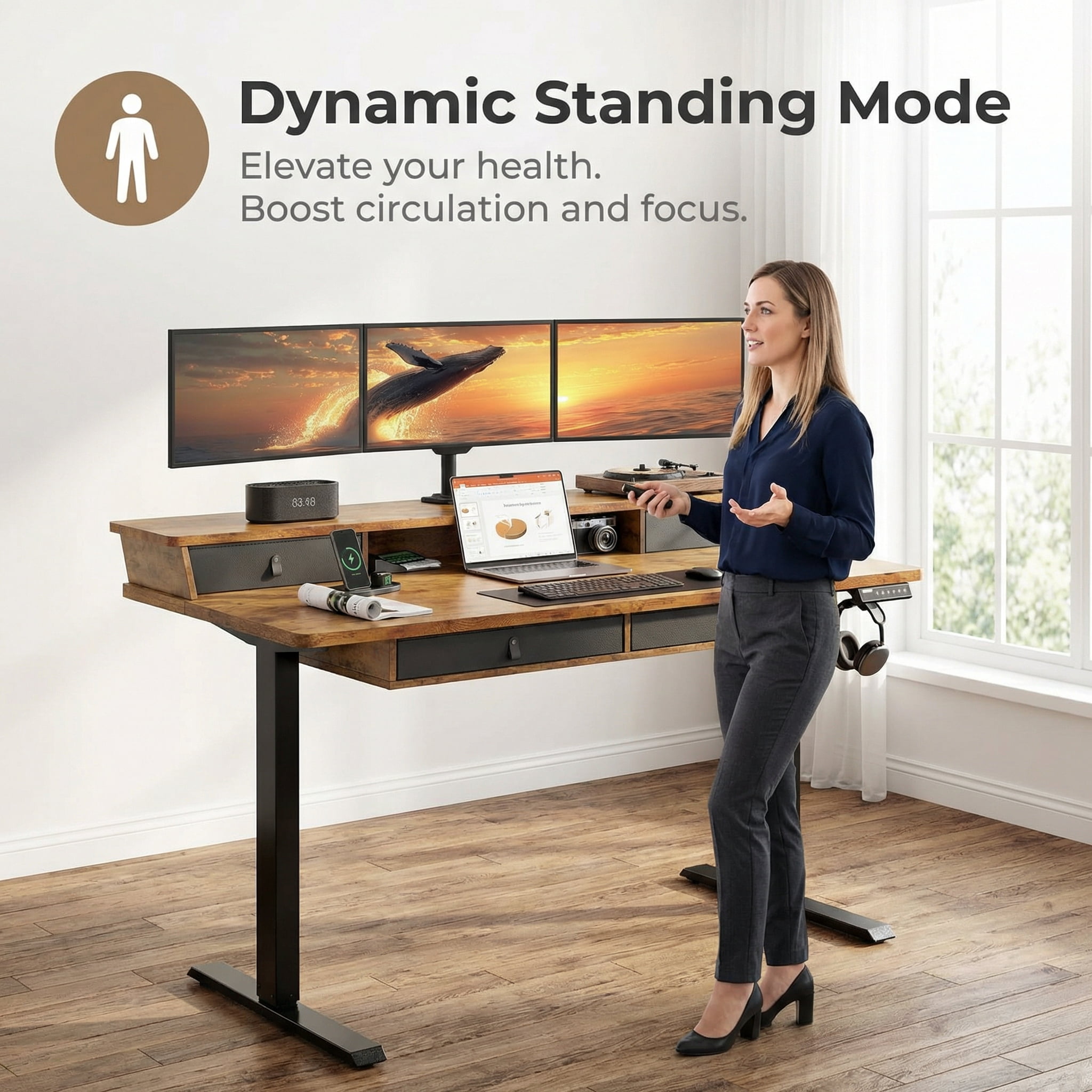 CHITOOMA 55″ x 30″ Standing Desk with Drawers, Electric Height Adjustable Sit Stand Desk with Storage Shelf, 4 Memory Preset Computer Desk with Cable Management Tray for Home Office, Brown