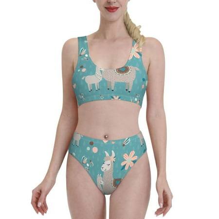 Bixox Teal Mama Llama Pattern Two-Piece Sports Bikini with U-Shaped Top and High-Waist Bottom - Women s Swimwear with Removable Bra Pads