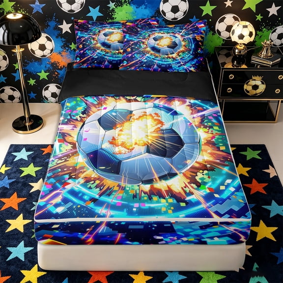 Castle Fairy Soccer Sport Zipper Twin Comforter Sets with Fitted Sheet and 2 Pillowcases, Futuristic Cubes Zipper Bedding Set, Blue Orange Black,4-Piece,Black Reversible