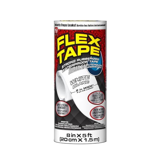 Flex Tape , Ruban Épais Flexible Caoutchouté Imperméable - Joint et Patch contre les Fuites, Fonctionne sous l'Eau, Intérieur Extérieur - Réparation de Toit de Véhicule Récréatif et Piscine, Blanc, 8 Po x 5 Pi, Lot de 1