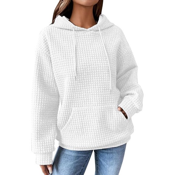 Aricy Hoodies for Women Hooded Hoodies Casual Long Sleeve Drawstring Waffle Knit Pullover Tops Loose Hooded Loose Casual Textured Sweatshirts with Pocket