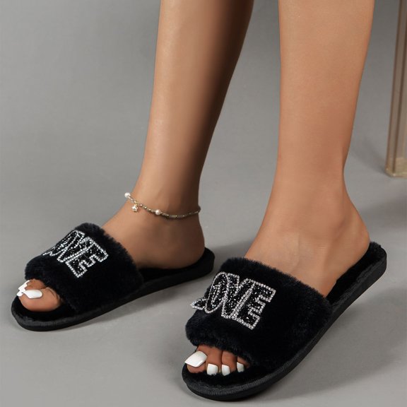 Aayomet Slippers Women Women Slippers Flat Bottom Non Slip Open Toe Rhinestone Letter Solid Color Slip On Comfortable (Black, 8)