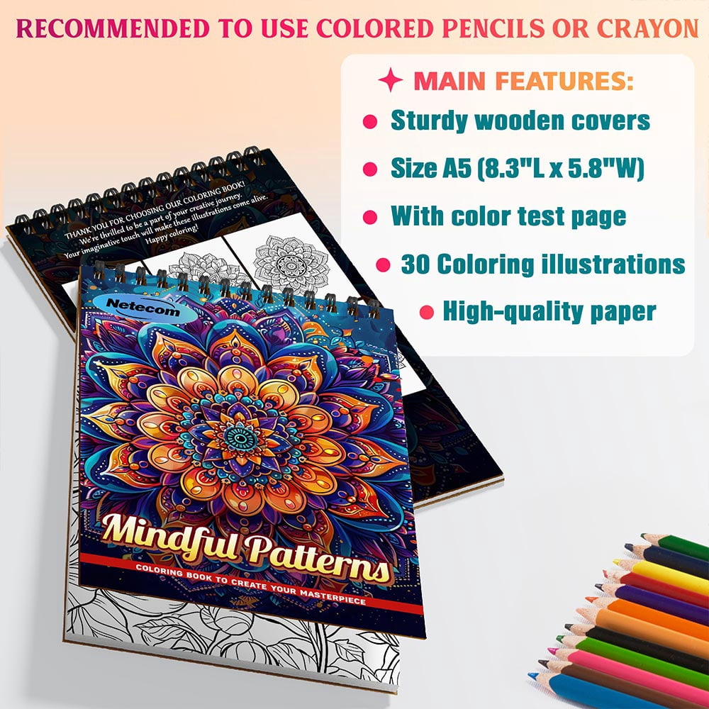 Netecom Mindful Patterns Coloring Book Spiral Bound For Adults, A5 Wooden Cover, 30 Gentle Coloring Pages in Flowing and Organic Designs for Stress Relief and Relaxation