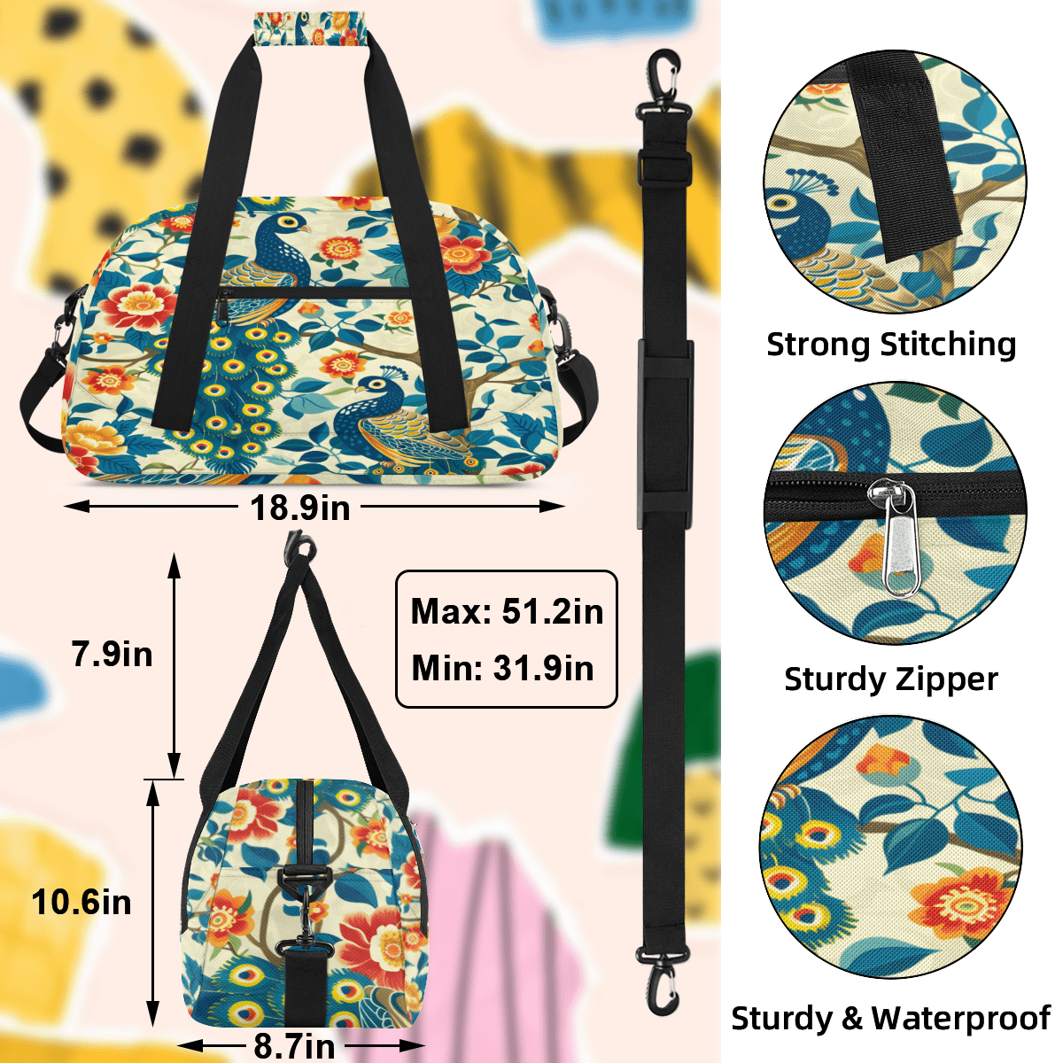 Herdesigns Peacock Sports Duffle Bag for Women & Men, Peacock Flower Gym Bag Dance Bag Overnight Bag Carry On Weekender Travel Bag