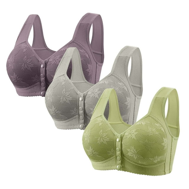 Amzcrzy 3PC Womens Wireless Bras Comfy Everyday Plus Size Bras Breathable Solid Color Front Closure Bras High Support Push Up Bras 4XL