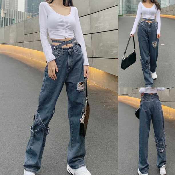 Women's Mid Waisted Wide Leg Pants Straight Denim Jeans Casual