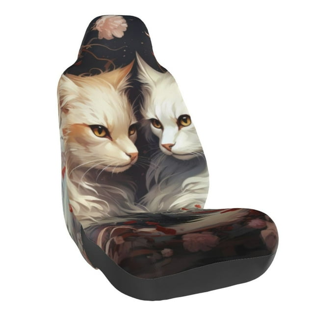 Wukai Flower Cat Couple Full Set Car Seat Covers with Soft Padding Universal Auto Front Seats Protector and Cushion Mat