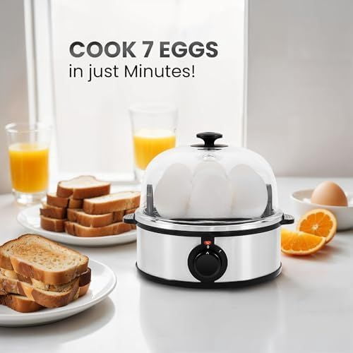 EGC724SS Easy Electric Poacher, Omelet Eggs & Soft, Medium, Hard-Boiled Egg Boiler Cooker with Auto Shut-Off and Buzzer, Measuring Cup Included, BPA Free, 7, Stainless Steel
