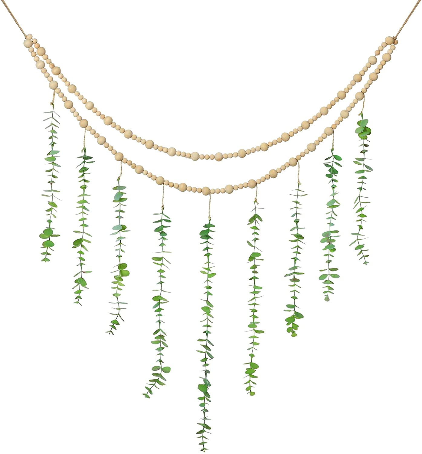 Hanging Eucalyptus Boho Wall Decor Large Boho Bedroom Wall Hanging Wooden Bead Garland Artificial Eucalyptus Natural Greenery Decoration, 31 X 35 Inch (Simple Color)
