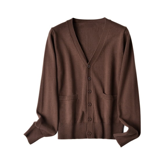 Grianlook Ladies Coat Button Down Outwear Long Sleeve Cardigan Sweater Women Single-breasted Jacket Knitwear V Neck Chocolate Color XL