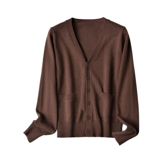 MAWCLOS Ladies Cardigan Sweater Long Sleeve Outwear V Neck Coat Soft Travel Button Down Jacket Chocolate Color L