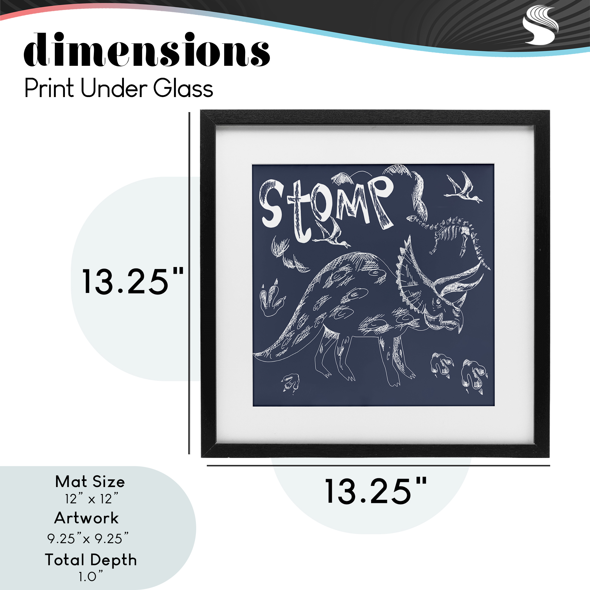 Sketchy Stomp Dinosaur Black Framed Print Under Glass, design by HUE and MI and Sangita