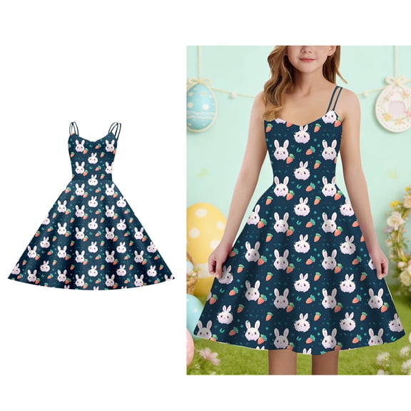 Easter Dresses Girls Cute Print Spaghetti Strap A-Line Dress Cute Summer Dresses Little Girl Dresses Size 13-14 Years