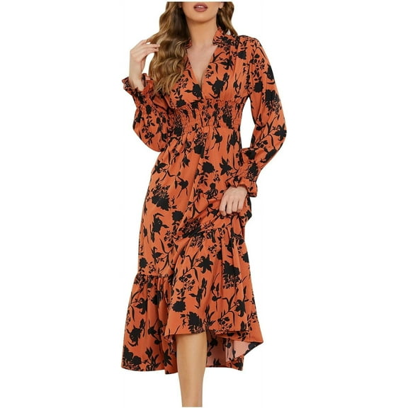 Boho Dresses for Women Floral Printed Ruffle Hem Smocked High Waist Long Sleeve V Neck Casual Vacation Party