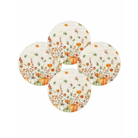 Fall Round Placemats Set of 4 Orange Pumpkin Place Mats Thanksgiving Woven Placemat Autumn Wildflowers Green Leaves Circle Braided Table Mat for Kitchen Dining Table Autumn Party Home Decor 15 Inch