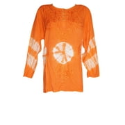 Mogul Womens Bohemian Tunic Top Tie Dye Embroidered Orange Peasant Blouse L