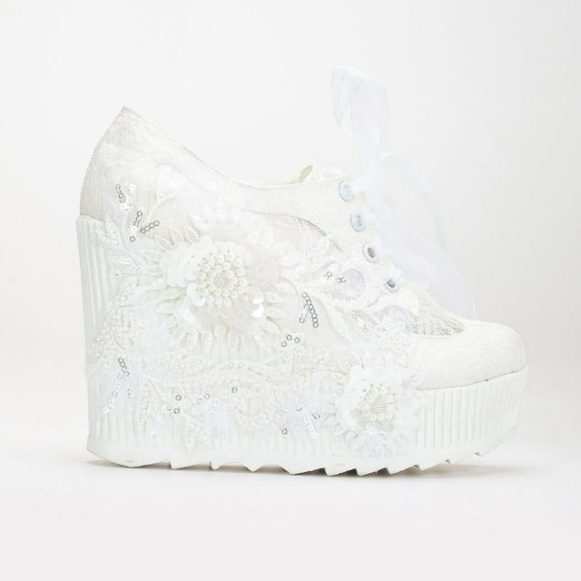 Sheri - Tenis de boda de tacón alto con encaje color marfil crema 24.5 CM