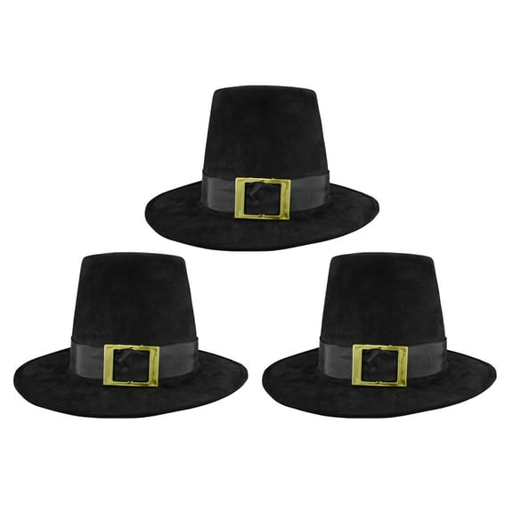 Nicky Bigs Novelties 3 PK Deluxe Pilgrim Hat With Buckle Quaker Amish Top Hat Cap Flat Topped Costume