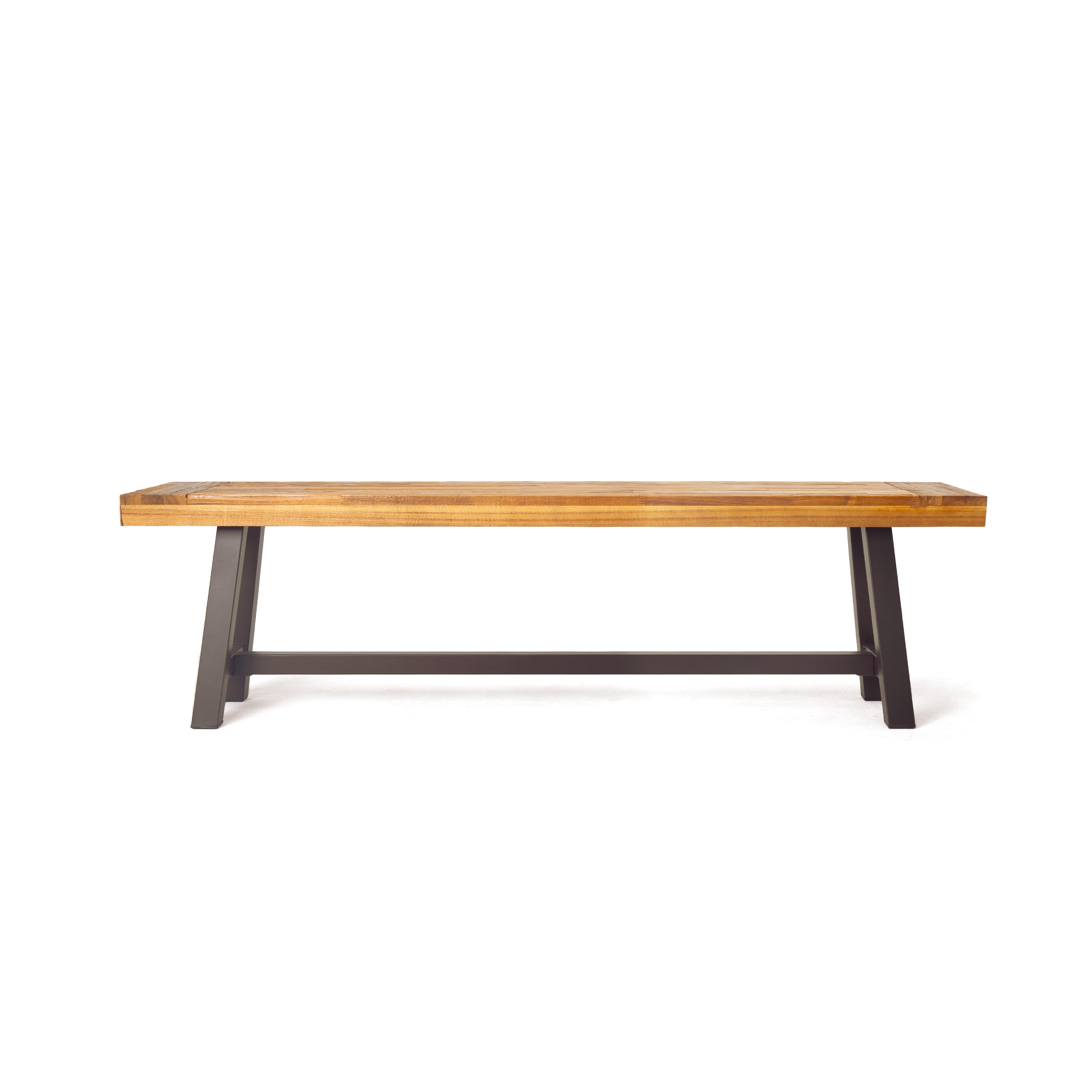 Outdoor Solid Wood Leisure Bench Set of 2, Sandblast Finished Acacia Wood Rest Seats for Patio Garden, Sandblasted Brown and Rustic Metal