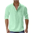 thumbnail image 3 of DODADAWANJ Cotton Linen Shirts for Men Big and Tall Roll Up Long Sleeve Shirt Casual Button Up Collared Neck Shirts Loose Fit Solid Color Tops Mint Green XL, 3 of 7