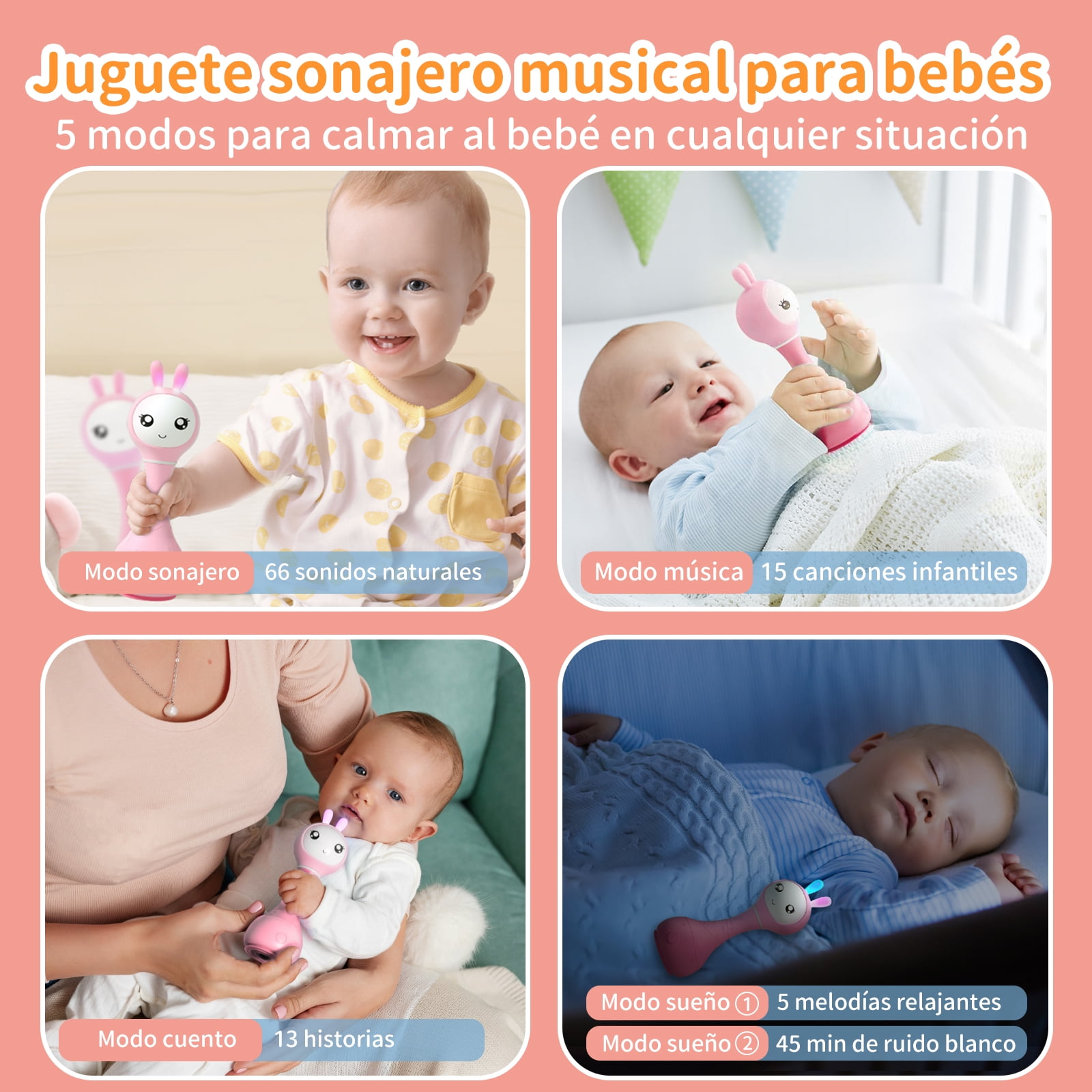 alilo Sonajero Para Bebés 0-12 Meses, Baby Rattle Con Luz, 66 Sonidos, 15 Canciones, 13 Cuentos, 5 Canciones De Cuna, Ruido Blanco, Reconocimiento De Color