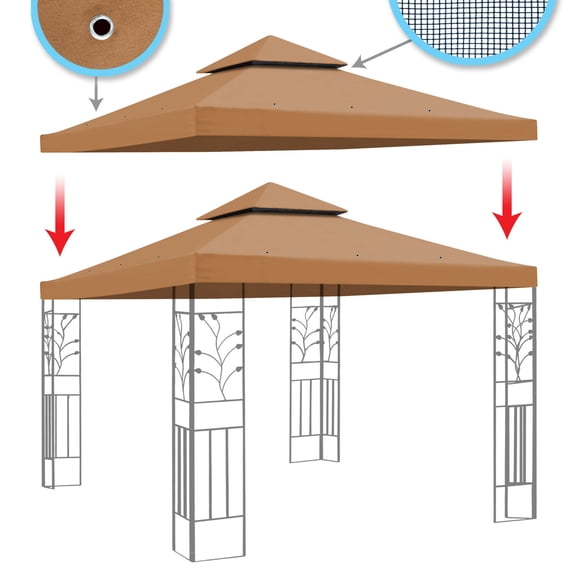 SUNRISEUMBRELLA 119“”x119” Gazebo Replacement Canopy Top Double Tier Canopy Top Cover(TAN)