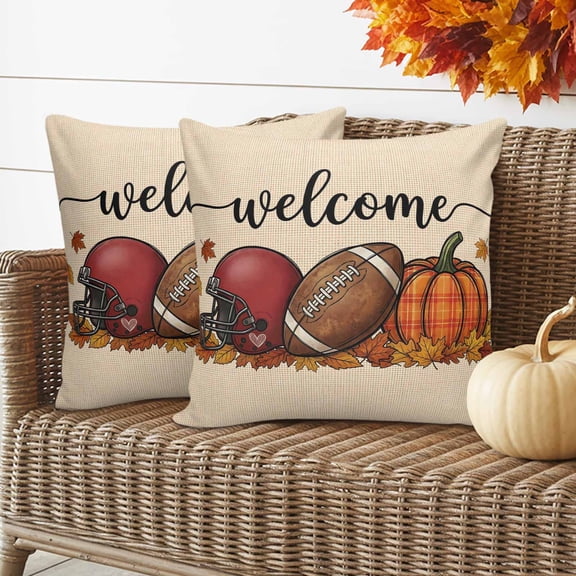 Welcome Fall Throw Pillow Covers 24x24 Inch Set of 2, Thanksgiving Maple Western Football Retro Beige Waterproof Outdoor Pillow Covers, Decorative Cushion Pillowcases for Couch, Sofa, Bed, Patio