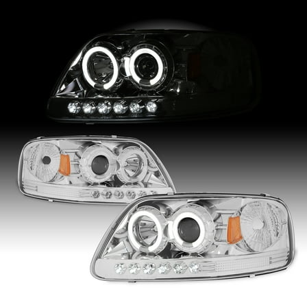 AKKON - For 1997-2002 Ford F-150 2003 Expedition 04 F150 Heritage Dual LED Halo Ring Chrome Clear Projector Headlights   Corner