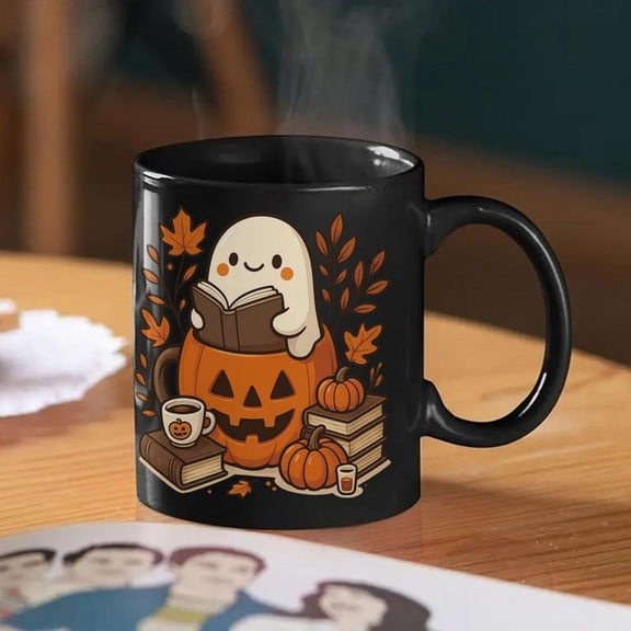 1pc Halloween Ceramic Mug Cute in Pumpkin Cup Drinking Coffee Autumn Decor with Books Fall Leaves Spooky Cute Cup Home Office Cafe Halloween Birthday