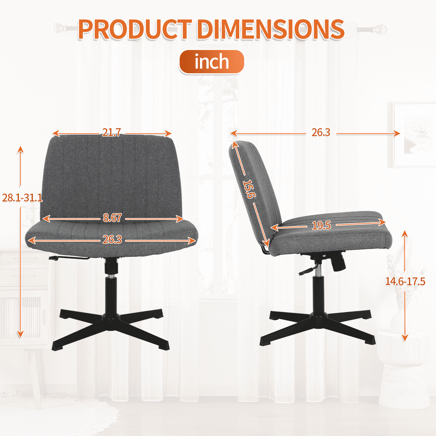 BIQWBIC Crisscross Chair Armless Vanity Chair Adjustable Home Office Desk Chair with No Wheels, Gray