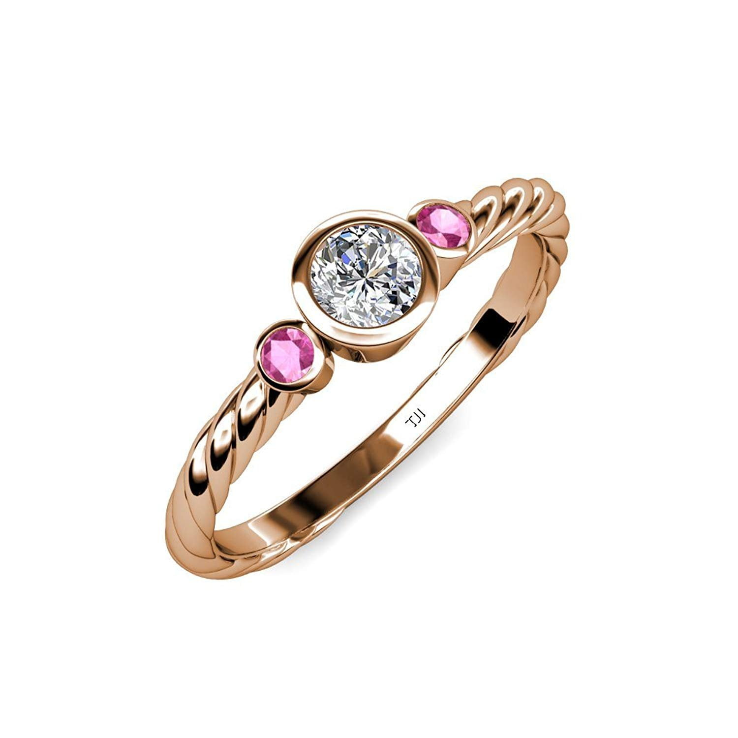 Diamond (SI2, G) and Pink Sapphire Three Stone Rope Ring 0.71 ct tw in 14K Rose Gold.size 6.5 by TriJewels