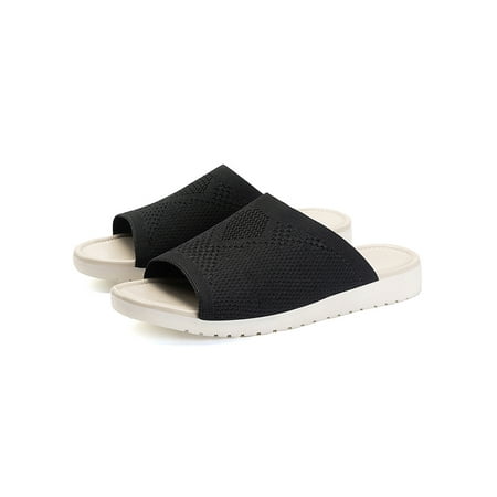 

Welliumy Ladies Flat Sandals Slip On Slides Beach Slide Sandal Indoor Casual Shoes Home Fashion Knit Upper Black 7