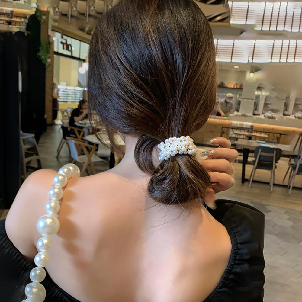 9Pcs Handmade  Pearl and Crystal Hair Accessories: Stretchy Scrunchies, Hair Bands, Ponytail Holders, and Hair Ropes for Women and Girls