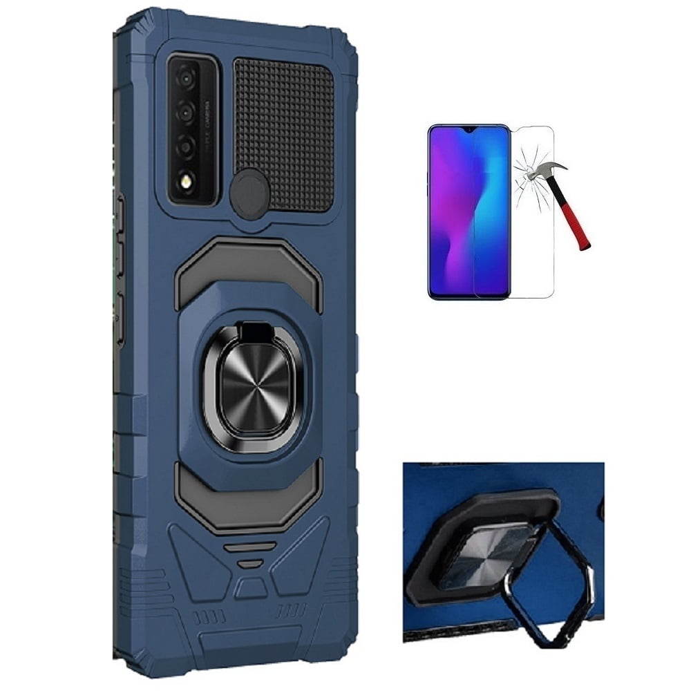 Phone Case for TCL 30 V 5G (Verizon),  Ring Stand Tough Hybrid Case Cover + Tempered Glass Screen Protector (Blue)