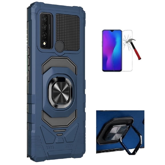 Phone Case for TCL 30 V 5G (Verizon),  Ring Stand Tough Hybrid Case Cover   Tempered Glass Screen Protector (Blue)