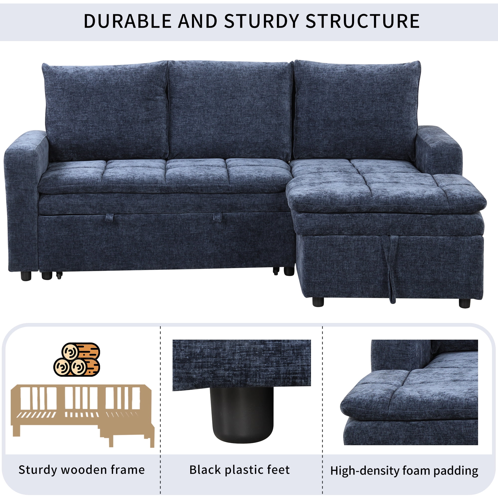 MAYEERTY Soft Upholstered Sectional Sofa Bed - Storage Included, Ideal for Living Rooms/Apartments,Blue