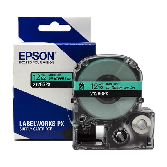 Epson LABELWORKS 212BGPX - Black on Green PET Label Maker Tape - 1/2" (12MM) Wide, 30'