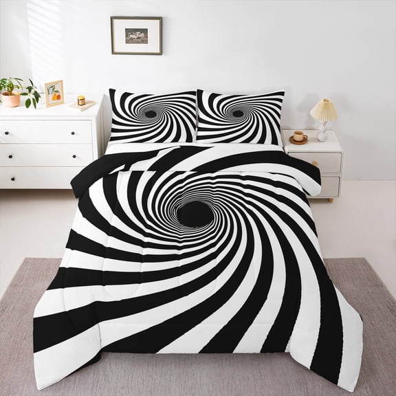 Feelyou Black White Geometric Queen Comforter Set for Kids, Abstract Spiral Bedding Sets, Modern Fashion Reversible Bedding Comforter Set, Ultra Soft Home Decor, 3-Piece