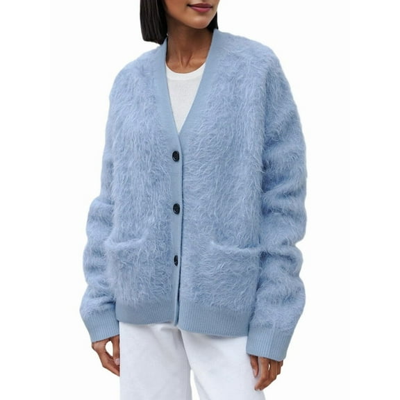 Women'S Fleece Cardigan Sweater Lazy Style Loose Knit Warm Cardigan Sweater Blue L
