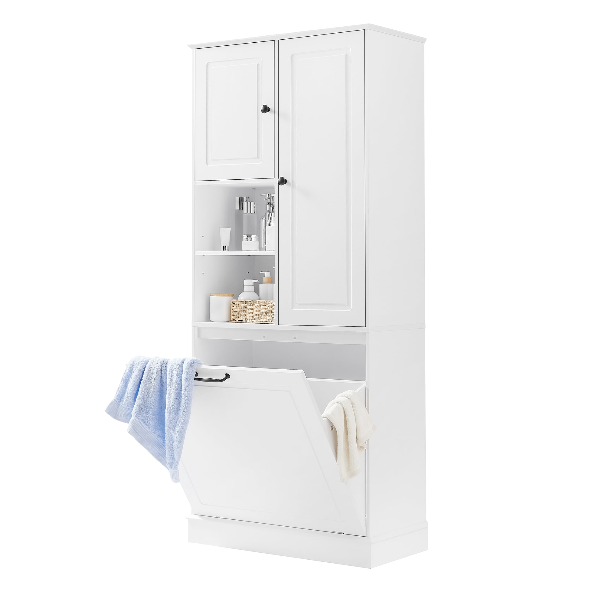 Euroco Tall Storage Cabinet with Adjustable Shelves, Large Flip-Out Basket & Enclosed Cabinets – Perfect for Bathroom, Living Room, or Office, MDF Material with Aluminum Alloy Handles